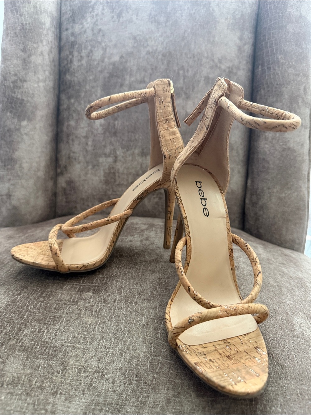 bebe Cork Strappy Ankle‑Wrap High Heels in Natural Tan